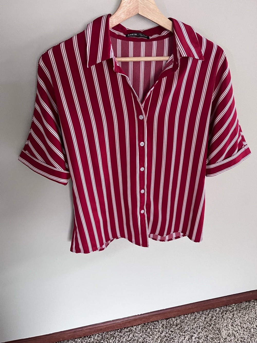 Shein Red White Striped Button Down Short Sleeve Shirt Medium